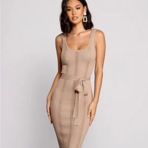 Windsor Beige Ribbed Midi Dress